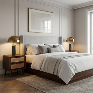 Scandinavian Style Modern Luxury Teak Wood Weave Bedside 2-<b>Drawer</b> <b>Walnut</b> Finish Nightstand - Product Image 4