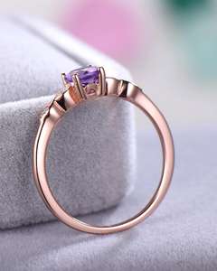 Bague de fiançailles en améthyste, argent 925 plaqué or rose 14 carats, CZ rond, style Art Déco, bague de mariée - Product Image 3