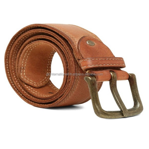 Cinturón informal de cuero genuino de bronceado Premium para hombres con costuras de borde fuerte duradero y hebilla de PIN de latón antiguo de todos los tamaños - Product Image 1