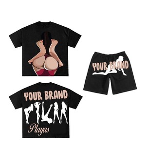 Conjunto de Camiseta y Pantalones Cortos de Algodón Grueso de 280 g/m² para Hombre, Estampado Gráfico Negro, Logotipo DTF Personalizado, Corte Holgado, Conjunto Deportivo de 2 Piezas - Product Image 5