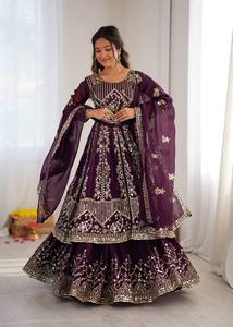 Conjunto de Lehenga Choli de Seda Bordada en Morado, Estilo Indio-Pakistaní, con Lentejuelas Zari, que Absorbe la Humedad, para Bodas, Fiestas, Diwali, Traje para Mujer - Product Image 5