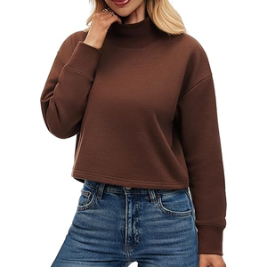 Sweat-shirt décontracté à col montant et manches longues pour femme, couleur café, coupe courte, vente en gros, vêtements 2026 - Product Image 2