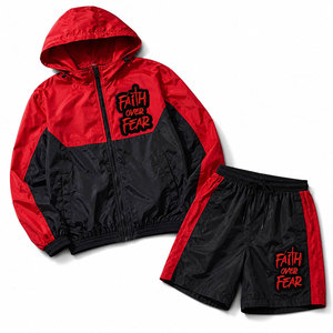 Conjunto Deportivo de Chaqueta con Capucha y Pantalones Cortos de Punto Rojo y Negro para Hombre, Ropa Deportiva de Invierno Transpirable de Poliéster - Product Image 1