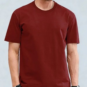 Camiseta de Manga Corta para Hombre, Color Borgoña, Cuello Redondo, 100% Algodón, Corte Regular, Color Sólido Informal, Tejido de Punto, Teñido Liso, OEM ODM - Product Image 1