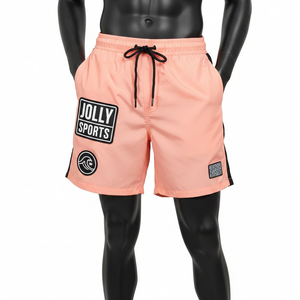 Shorts de baño para hombre Premium 120 GSM de microfibra de poliéster de secado rápido color melocotón con paneles laterales de malla y logo con transferencia térmica. - Product Image 1