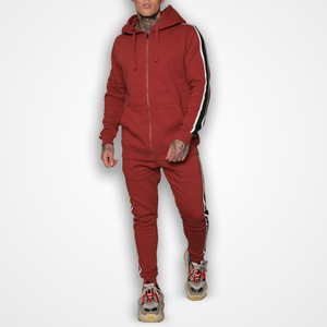 Men's <b>Red</b> Zip-Up <b>Hoodie</b> Sweatshirt Set With Black White Side Stripes Slim Fit Casual Autumn Wear Knitted Cotton French Terry - Product Image 1