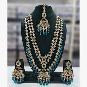 Gold Plated Long Necklace <b>Set</b> with Crystal Stone and <b>Beads</b> 12881107BLU Fine Jewelry <b>Set</b> - Product Image 1
