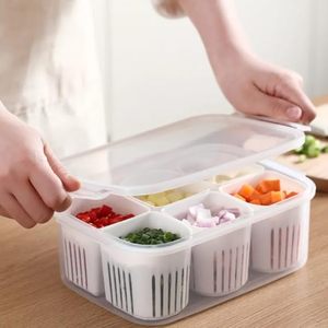 Stackable Rectangle <b>Vegetable</b> Storage Box with Lid 6 Compartment Fridge Food Container <b>Freshness</b> Preservation - Product Image 3