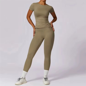Conjunto de Yoga para Mujer Tallas Grandes, Color Sólido, Logotipo Personalizado, Sin Costuras, Elástico en Cuatro Direcciones, Ecológico, Tela Inteligente, Cintura Alta, Ropa Deportiva - Product Image 4