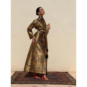 Luxury Kimono-kaftan In Black <b>Gold</b> Silk Brocade Subtle Textured Motif High Neckline Long Straight Silhouette Silk For Women - Product Image 1