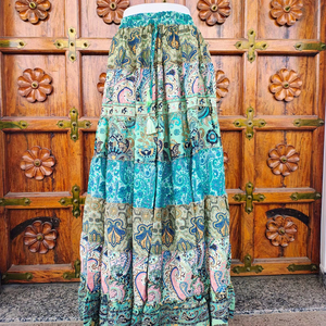 Women's Floor-Length Satin Silk Bohemian Eco-Friendly Breathable High <b>Elastic</b> Patchwork Print Multi Color ODM Summer Wear <b>Skirt</b> - Product Image 1