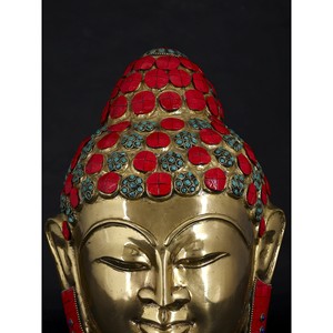 11\" Lord <b>Buddha</b> <b>Head</b> Brass Sculpture with Intricate Inlay Work - Product Image 1