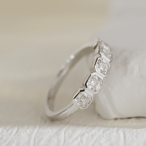 Timeless 3.5mm Asscher Cut Lab Grown Diamond IGI Certified <b>Gold</b> <b>Ring</b> Luxury 5-Stone Bezel <b>Set</b> Half Eternity Wedding Band - Product Image 5