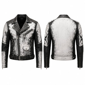 Men's PU Leather Punk Motorcycle <b>Jacket</b> With Skull Print Rivet Spikes Zipper Closure Turn-down Collar Autumn Wear - Product Image 4