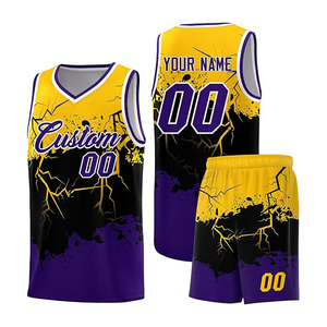 Conjunto de Camiseta de Baloncesto Amarillo y Morado, Cuello en V, Sin Mangas, Impresión Sublimada, Malla Transpirable, Unisex, Adulto, Todas las Temporadas - Product Image 1