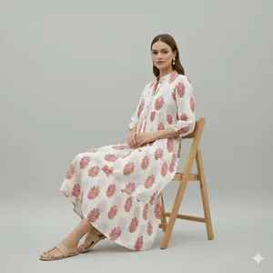 Robe longue blanche bohème à fleurs pour femme, manches bouffantes, en coton léger, imprimé bloc, col en V - Product Image 5