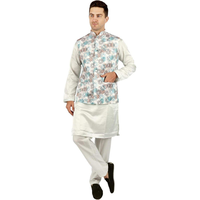 Conjunto 3 en 1 de Kurta Pajama de Satén Abstracto con Chaleco Estampado |   Traje Tradicional Étnico para Hombre, para Fiestas, Bodas, Diwali