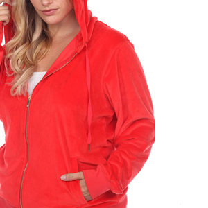 Women Plus Size Red Hooded Tracksuit Set Full Length Solid Color Casual Joggers with Side Pockets Zipper Fly Fleece Winter Wear - Product Image 6