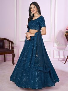 Blue Sequin Embroidered Wedding Lehenga Choli <b>Net</b> Dupatta Women Party <b>Dress</b> - Product Image 2