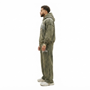 Conjunto de Chándal de Dos Piezas para Hombre: Sudadera con Capucha Oversize Lavada y Desgastada y Pantalones de Chándal de Pierna Ancha Estilo Urbano - Product Image 2