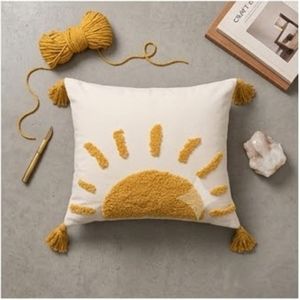 Sun Embroidery <b>Throw</b> Pillow Square Bohemian Style Decorative Cushion with Tassels Yellow and <b>White</b> Cotton Cover For Bulk Supply - Product Image 4