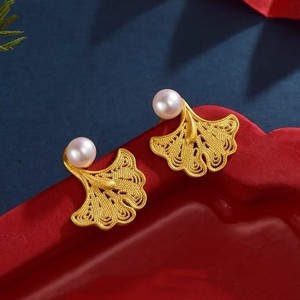 Luxury Retro Ginkgo Leaves Mantou <b>Pearl</b> <b>Earrings</b> Sterling Silver Filigree Hollowed Out Jewelry Perfect Gifts - Product Image 2