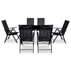 Set da pranzo da esterno in 7 pezzi con sedie pieghevoli in alluminio nero per uso giardino - Product Image 2