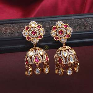 Reva Polki Designer Drop Earrings-Vintage Ethnic Tassel Jhumkas with Pearl & Diamond - Product Image 5