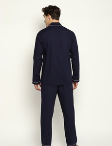 Navy 100% Cotton Breathable Knitted Lightweight Long Sleeve Men's Night <b>Suit</b> with White Navy Home Wear - Product Image 5