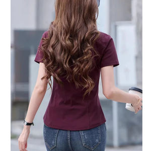 Camiseta morada de manga corta para mujer, novedad de verano, de algodón de alta gama, a la moda, talla grande, cuello redondo, holgada, informal, con diseño de espina de pescado. - Product Image 2