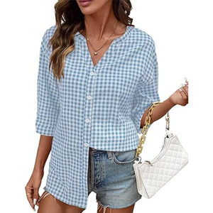 Blusa informal holgada para mujer, cuello en V, teñida con hilo, 100% algodón, manga tres cuartos, con botones, éxito de ventas. - Product Image 3