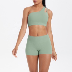 Custom 2026 Seamless One-Shoulder <b>Crop</b> <b>Top</b> High Waist Shorts 2 Piece Yoga Set Asymmetric Solid Green Activewear - Product Image 4