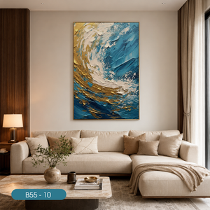 Tableau mural moderne abstrait effet vague océanique dorée, peinture miroir, luxe, finition brillante, encadré, pour décoration de villa - Product Image 5