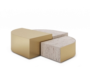 Travertine cast brass <b>coffee</b> <b>table</b> modern geometric center <b>table</b> designer living room furniture contemporary brass accent <b>table</b> - Product Image 5