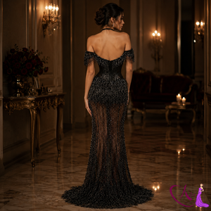 Vestido de noche negro con cuentas estilo sirena para mujer |   Vestido de fiesta largo hecho a mano con malla en el hombro |   Vestido de Diseñador con Cuello Halter para Ocasiones Formales - Product Image 5