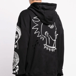 Shredded Look Everyday Distressed Hoodie Laid-<b>Back</b> Ripped Style Cotton Blended Fleece Lined Warm Distressed Hoodie - Product Image 5