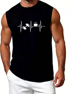Débardeur noir à manches courtes pour homme avec motif haltère et tasse de café ECG, col rond, coupe classique, 100 % coton, écologique - Product Image 1