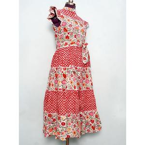 Robe longue évasée décontractée pour femme, en coton à imprimé floral, col mandarin, taille naturelle, manches courtes, imprimée à la main au bloc, vente en gros - Product Image 2