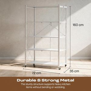 <b>White</b> <b>Metal</b> 5-Tier Storage Rack With Wheels For Kitchen Dish And Bowl Organization Standing Type Minimalist Design - Product Image 6