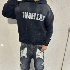 Sudadera con capucha de lujo unisex de corte holgado con cremallera, pedrería y lavado ácido desgastado, sudadera con pedrería personalizada, ropa urbana unisex - Product Image 5