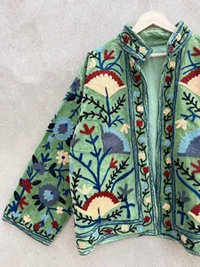 <b>Mint</b> Green Suzani Embroidered Velvet Boho Jacket Women Ethnic Short Coat Stand Collar Open Front Designer Wear - Product Image 3