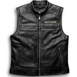 Chaleco de Motociclista de Cuero Genuino Negro para Hombre con Bolsillos Ocultos para Portar Objetos - Product Image 1