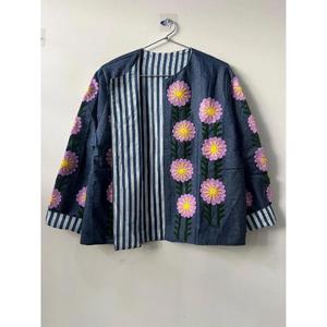 Handmade Denim Suzani Short Boho Embroidered Reversible Eco-Friendly Autumn Cotton Festival <b>Duster</b> Jacket Gift Her - Product Image 2