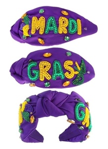 Serre-tête perlé bicolore confortable pour le Mardi Gras, avec couronne et masque, orné de strass violets et blancs, accessoires de cheveux noués pour le carnaval 2026 - Product Image 3