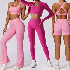 Ensemble de yoga rose 2 pièces pour femme avec bretelles croisées, leggings taille haute pleine longueur, extensible dans les quatre sens sans coutures - Product Image 2