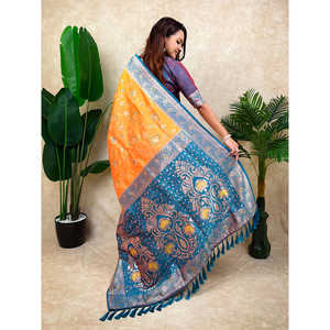 Sari en soie tissée Banarasi Jaal Zari orange, vêtements indiens et pakistanais - Product Image 3
