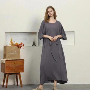 Boho Chic Plain Grey Cotton Linen Maxi <b>Dress</b> O-neck 3/4 Sleeve <b>Loose</b> Fit Tie Waist Summer Casual <b>Dress</b> For Women - Product Image 2