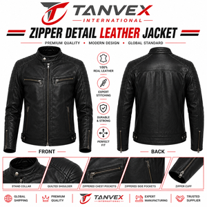 Chaqueta de Cuero para Hombre TANVEX, Corte Entallado, Estilo Ejecutivo, Color Negro, Cuello Alto, Ecológica, Estilo Motero, con Cierre y Bolsillos Delanteros - Product Image 6