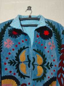 Suzani Embroidery Velvet Kimono Jacket Handmade Boho <b>Coat</b> Vintage Art Blue Jacket For Winter And For Special Days - Product Image 4