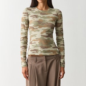 T-shirt femme tendance à manches longues et col rond, coupe ajustée, couleur unie, respirant, avec logo personnalisé – Collection été très prisée - Product Image 1